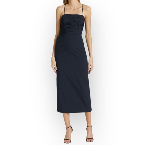 cinq a sept Dresses & Skirts - CINQ À SEPT NWT Judy Ruched Navy Backless Midi-Dress- size 12- sexy classic